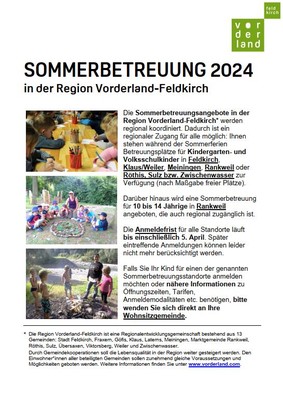 SOMMERBETREUUNG 2024 in der Region Vorderland-Feldkirch